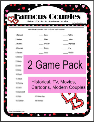 Printable Famous Couples Trivia Games - Bridal Shower, Valentine's Day