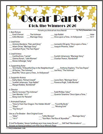 Free Printable Pick the Oscar Winners Game 2020