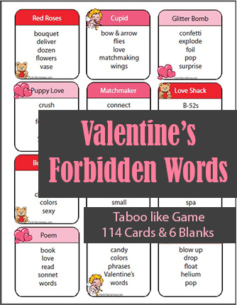 Valentine Taboo Like Game Cards, Printable Valentines Day Forbidden Words