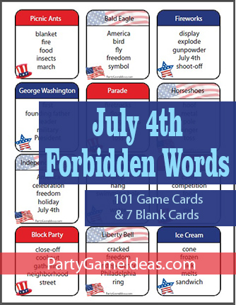 July 4th Taboo Like Printable Game Cards