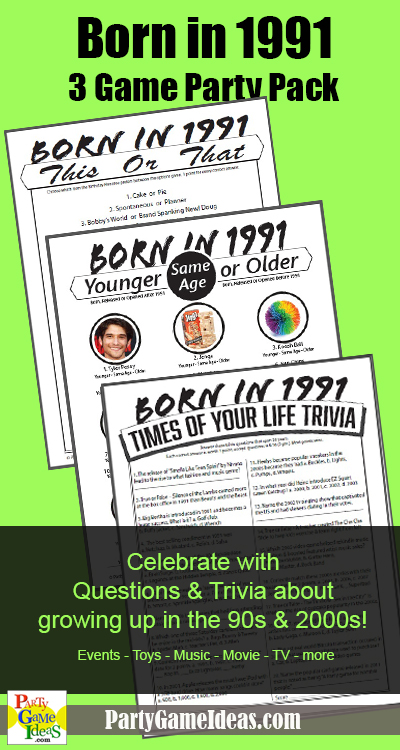 Born in 1991 Party Games Printable Party Trivia Birthday Celebration