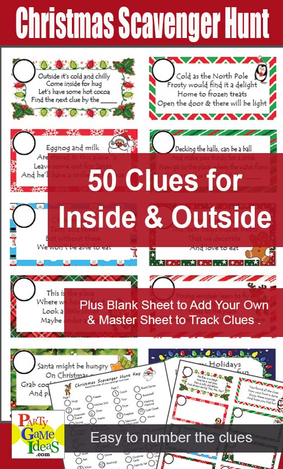 Christmas Scavenger Hunt for Kids and Holiday Parties 50 Printable Scavenger Hunt Clues