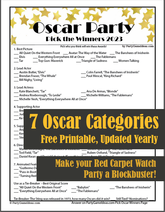 Oscars Pick Em 2023 Academy Awards Printable Game Freebie
