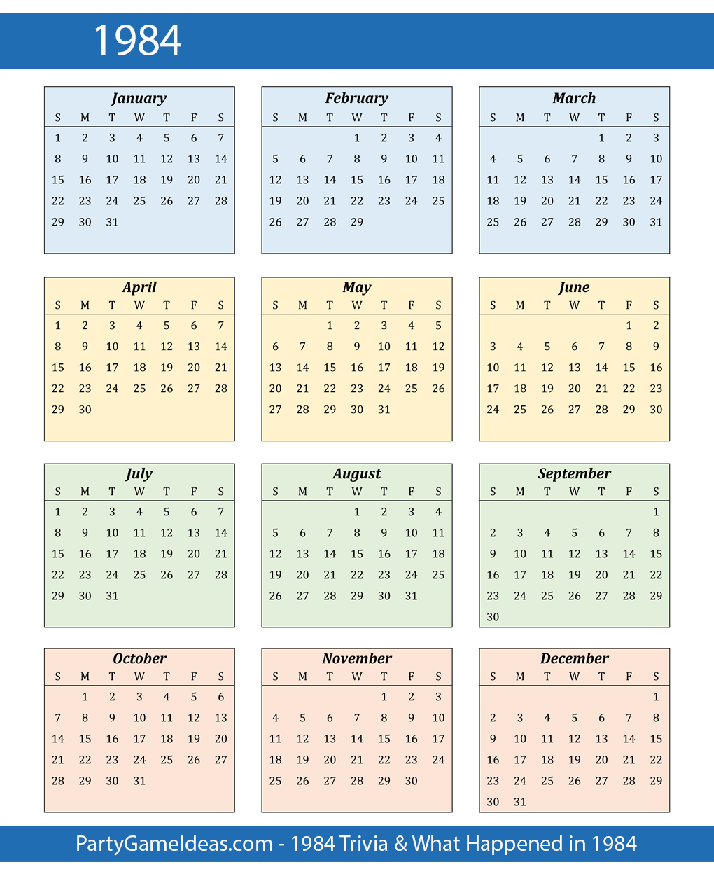 1984 Calendar Month Days