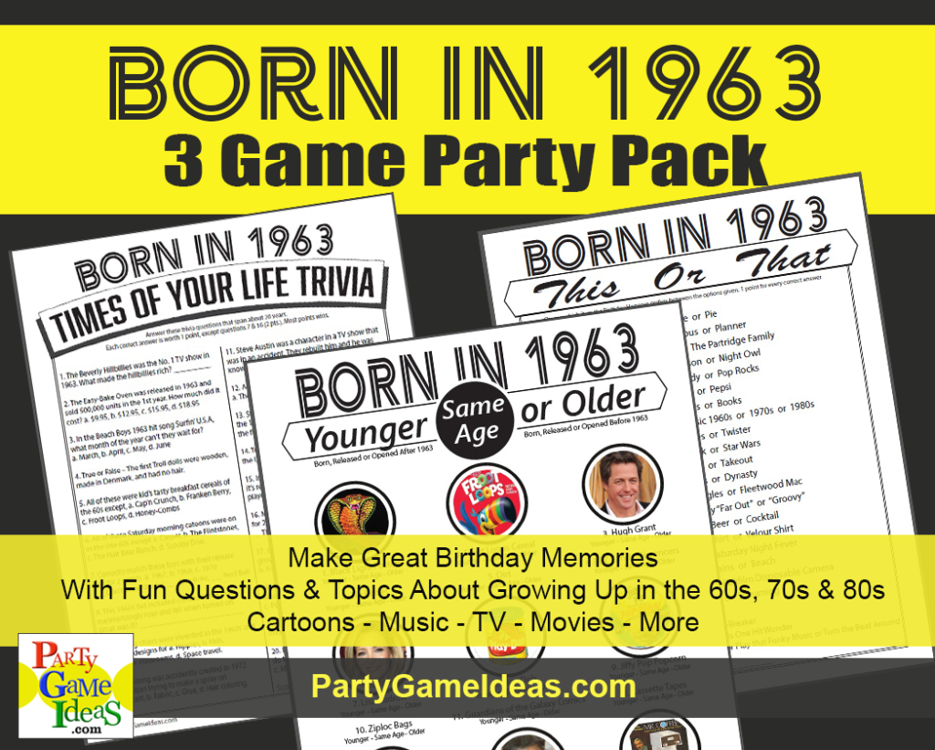 Birthday Games Born in 1963 Trivia Music Movies 1963 Party Game