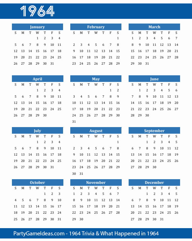 1964 Monthly Calendar Year